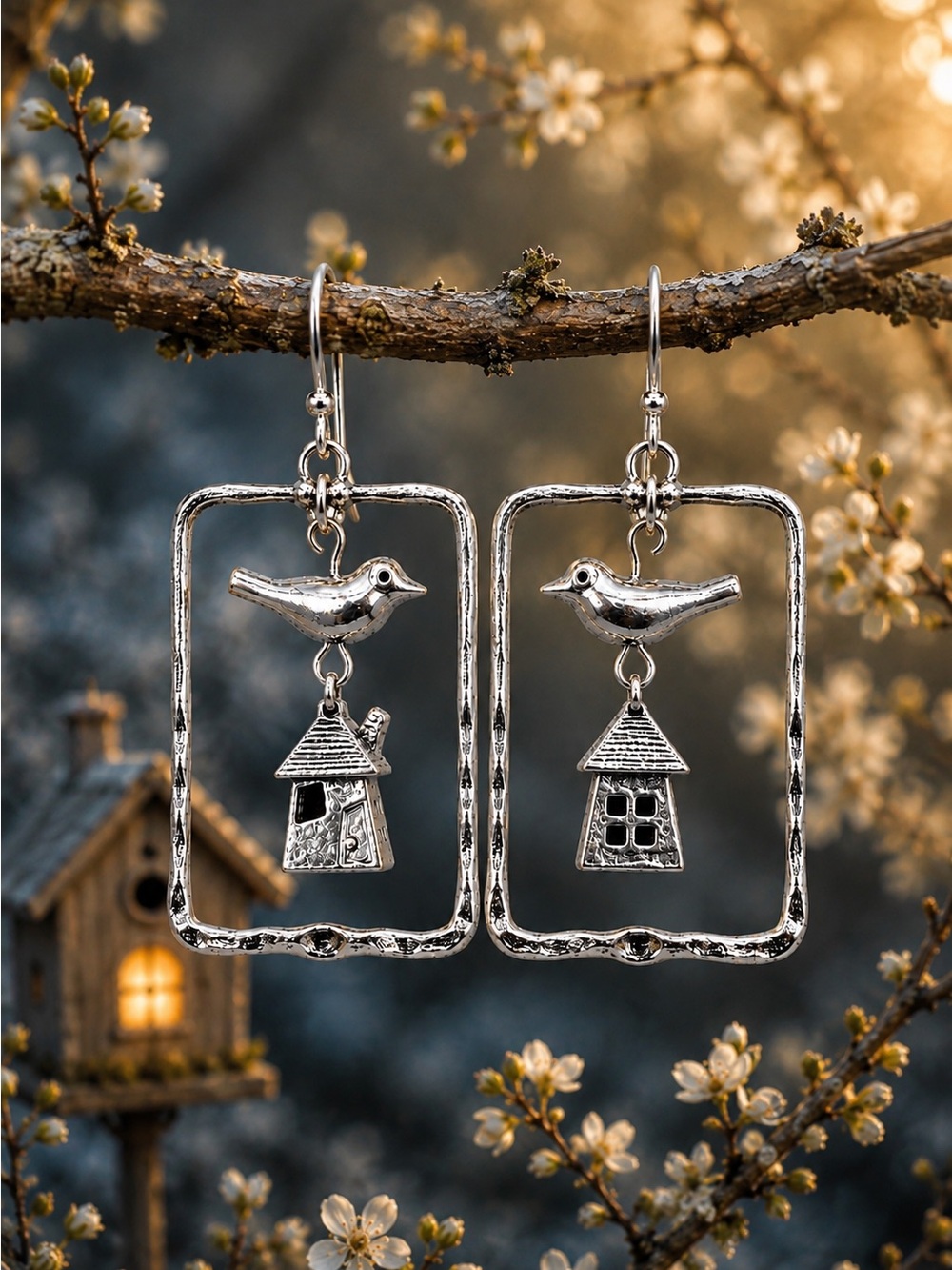 Silver Bird House Earrings Whimsical Dangles Premium Leverbacks